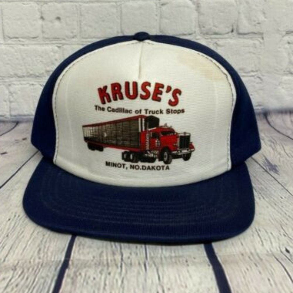 Vintage Trucker Hat Cap Blue Kruse The Cadillac of Truck Stops Minot NO. Dakota